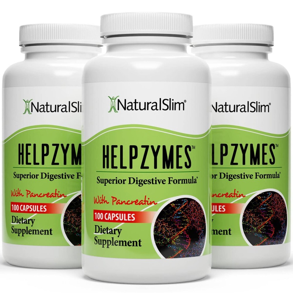NaturalSlim Digestive Enzymes for Women & Men - Helpzymes Essential Enzymes for Digestion, Gut Health, Gas Bloating Relief with Bromelain, Ox Bile, Pancreatin. & Betaine HCL - 100 Capsules 3 Pack