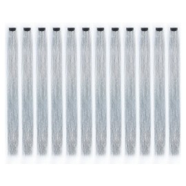 SWACC 12 Pcs Straight 12 Pcs Straight One Color Party Highlights Clip on in Hair Extensions Colored Hair Streak Synthetic Hairpieces (Sparkling Tinsel Silver)