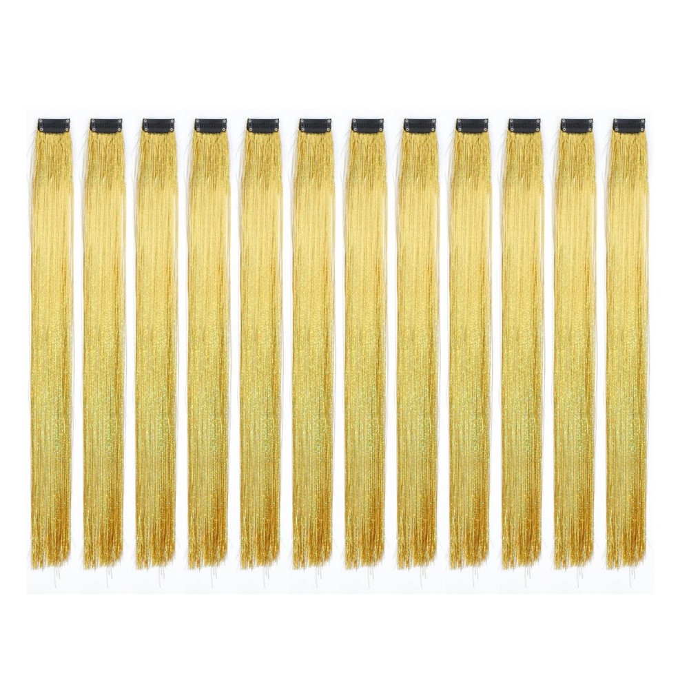 SWACC 12 Pcs Straight 12 Pcs Straight One Color Party Highlights Clip on in Hair Extensions Colored Hair Streak Synthetic Hairpieces (Sparkling Tinsel Gold)