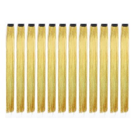 SWACC 12 Pcs Straight 12 Pcs Straight One Color Party Highlights Clip on in Hair Extensions Colored Hair Streak Synthetic Hairpieces (Sparkling Tinsel Gold)