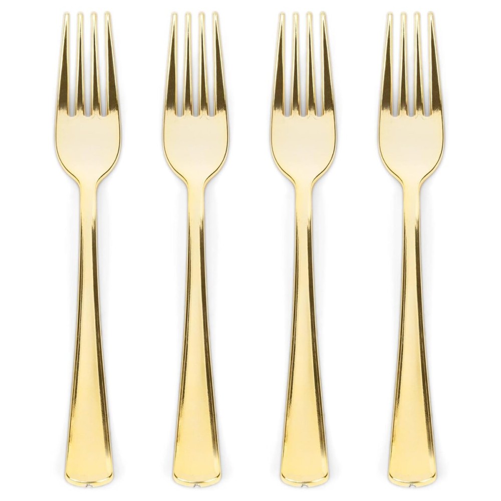 Prestee Set of 300 Gold Plastic Forks Disposable - 7-in Heavy-Duty Fork Flatware - Bulk Pack Fancy Silverware - Sturdy Elegant Cutlery for Weddings, Birthday Parties, Buffets, Catering, and Events