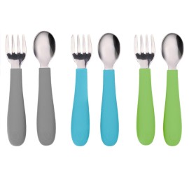 WeeSprout Toddler Utensils, 3 Forks & 3 Spoons, 18/8 Stainless Steel & Food Grade Silicone, Thick Easy-Grip Handles, Perfect Length For New Self Feeders, Gentle On Gums & Teeth, Dishwasher Safe