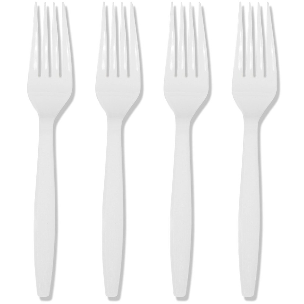 Prestee 100 White Plastic Forks Heavy-Duty, Heavyweight Plastic Silverware Forks, Fancy Plastic Cutlery, Elegant Disposable Forks Pack, Bulk Disposable Flatware, Christmas Holiday Plastic Utensils Set