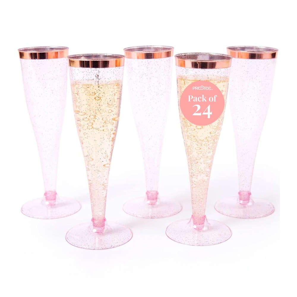 Prestee Set of 24 Plastic Champagne Flutes Disposable - Silver Glitter Pink Champagne Glasses with Rose Gold Rim, Elegant Toasting Cups for Weddings, Cocktail Parties, New Year\'s Celebrations