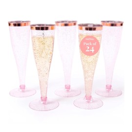Prestee Set of 24 Plastic Champagne Flutes Disposable - Silver Glitter Pink Champagne Glasses with Rose Gold Rim, Elegant Toasting Cups for Weddings, Cocktail Parties, New Year\'s Celebrations