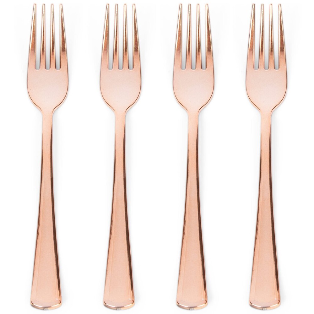 Prestee Set of 100 Rose Gold Plastic Forks Disposable - 7-in Heavy-Duty Fork Flatware - Bulk Pack Fancy Silverware - Sturdy Pink Cutlery for Weddings, Birthday Parties, Buffets, Catering and Events
