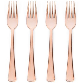 Prestee Set of 100 Rose Gold Plastic Forks Disposable - 7-in Heavy-Duty Fork Flatware - Bulk Pack Fancy Silverware - Sturdy Pink Cutlery for Weddings, Birthday Parties, Buffets, Catering and Events