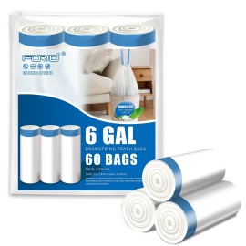 FORID Small Drawstring Trash Bags - 6 Gallon Plastic Trash Bags Heavy Duty White Trash Can Liners 60 Count Unscented Bin Bags for Kitchen Bathroom Office Home Bedroom 22 Liter