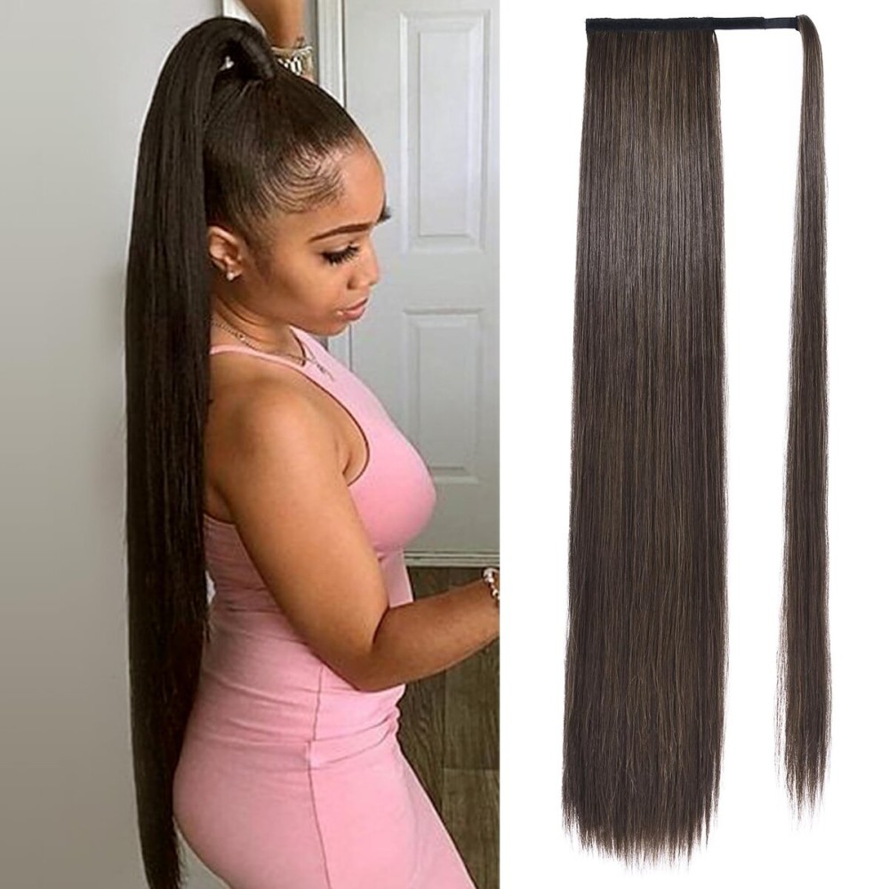 SEIKEA Long Ponytail Extension Straight Wrap Around Clip in Ponytail Hair Extensions Natural Soft Synthetic Hairpiece for Women 35 Inch Medium Brown with Golden Brown Highlights