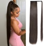 SEIKEA Long Ponytail Extension Straight Wrap Around Clip in Ponytail Hair Extensions Natural Soft Synthetic Hairpiece for Women 35 Inch Medium Brown with Golden Brown Highlights