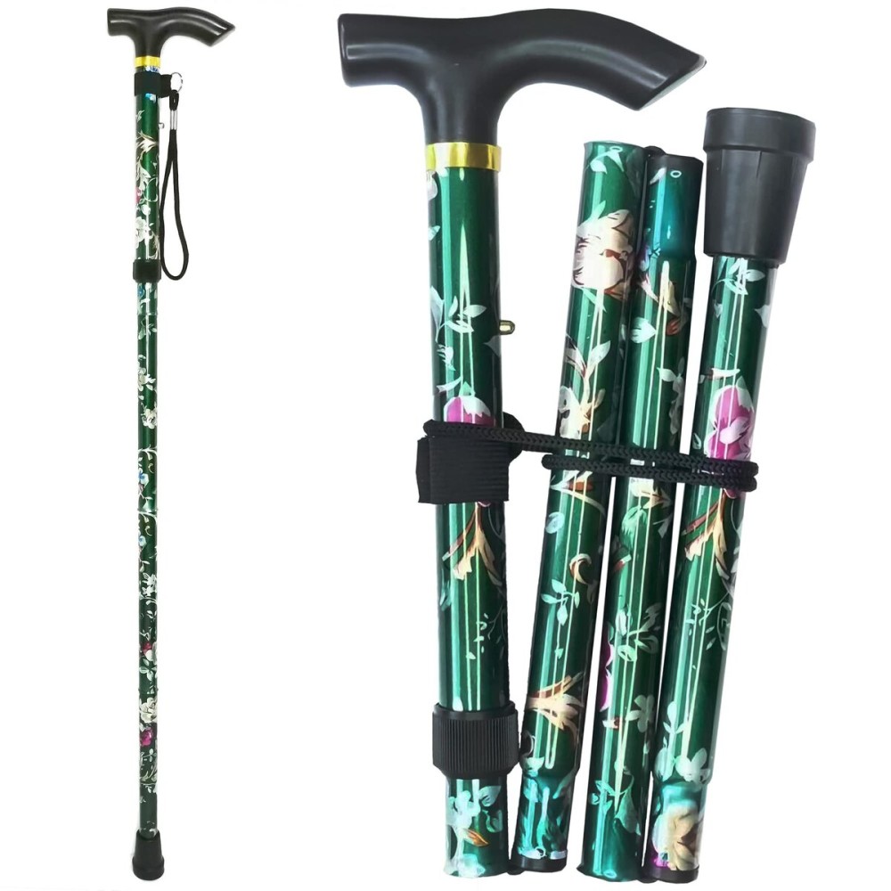 CLOKTA Folding Cane, 5-Level Adjustable Height Lightweight Portable Foldable Walking Canes with Wrist Strap and T Handle for Men Women Seniors (Floral Green)