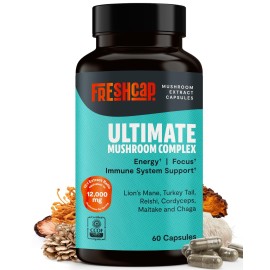FreshCap Mushrooms Ultimate Mushroom Supplement 12,000mg - Nootropic Mushroom Complex Capsules, Organic Mushrooms Supplement, Nootropic Brain Supplements for Memory and Focus Ayurveda (60 Capsules)