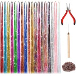 FEBSNOW 47Inches Hair Extension Tinsel with Tool 18 Colors 3600 Strands Hair Extension Tinsels Kit Glitter Hair Extensions for Women Girl Hair Accessories for Christmas New Year Wedding Birthday Party