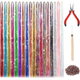 FEBSNOW 47Inches Hair Extension Tinsel with Tool 18 Colors 3600 Strands Hair Extension Tinsels Kit Glitter Hair Extensions for Women Girl Hair Accessories for Christmas New Year Wedding Birthday Party
