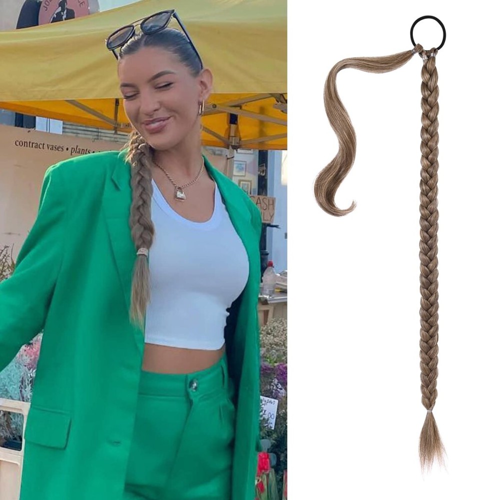 SEIKEA Long Braided Ponytail Extension with Hair Tie Straight Wrap Around Hair Extensions Ponytail Natural Soft Synthetic Hair Piece Daily Wear 26 Inch 140 Gram Dark Ash Blonde with Highlights