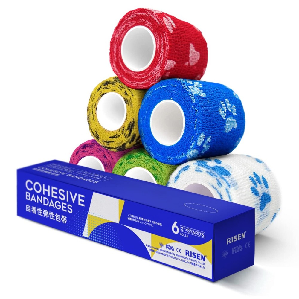 RISEN Cohesive Bandage 2 x 5 Yards, 6 Rolls, Self Adherent Wrap Medical Tape, Adhesive Flexible Breathable First Aid Gauze Ideal for Stretch Athletic