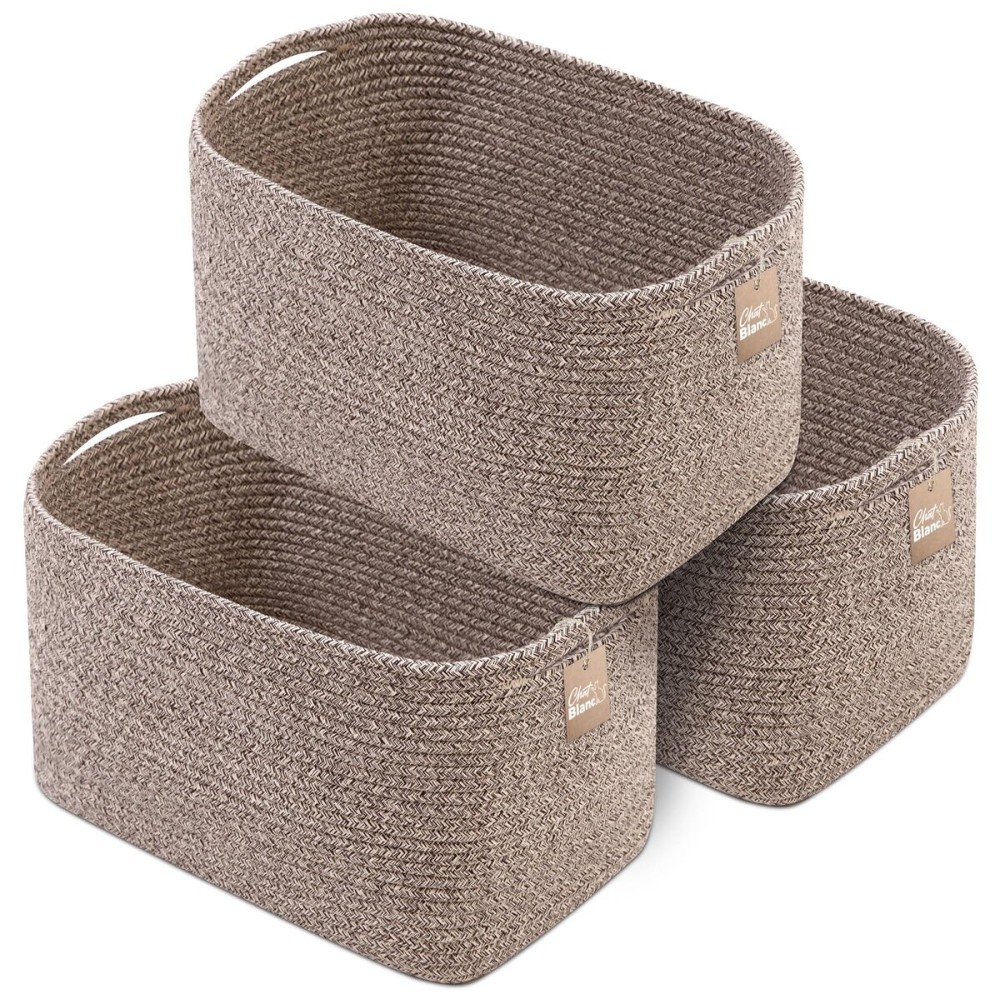 CHAT BLANC Cotton Rope Baskets for Organizing | Storage Baskets for Shelves | Rope Basket for Storage, Small Laundry Baskets, Woven Baskets for Storage, Dog Toy Bin, Baby Basket, Brown 3 Pack