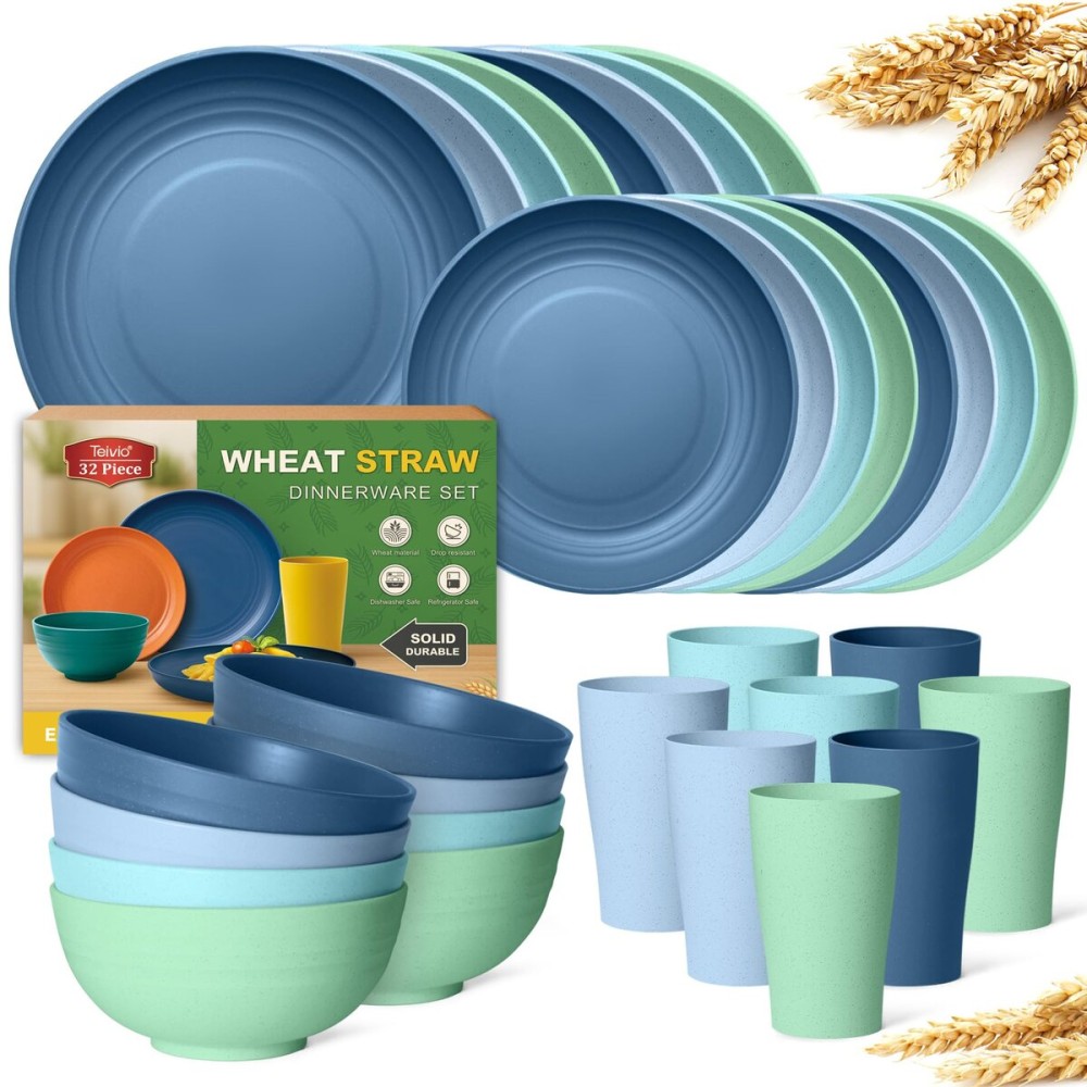 Teivio 32-Piece Kitchen Plastic Wheat Straw Dinnerware Set, Service for 8, Dinner Plates, Dessert Plate, Cereal Bowls, Cups, Unbreakable Colorful Plastic Outdoor Camping Dishes, Sky Multicolor