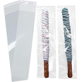 SUREHOME Pretzel Rod Bags 200 Pcs 2x8 In Clear Self Sealing Cellophane Bags for Chocolate Covered Pretzel Stick Individual Resealable Plastic Cello Bag for Party Favors Candy Treats Popsicle Packaging
