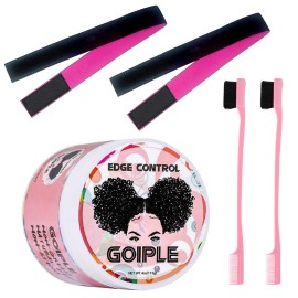 Goiple Edge Control Wax for Women Strong Hold Non-greasy Edge Smoother Strawberry Scent (4oz Edge Control Wax + Edge Brushes*2 + Pink Elastic Bands*2)