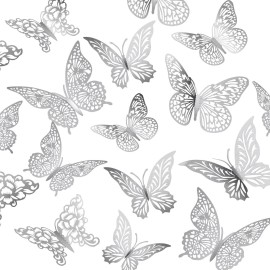 3D Silver Butterfly Wall Decor 3 Sizes 4 Styles Butterfly Party Decorations Cake Decorations Removable Stickers Wall Decor Room Mural Metallic Kids (Silver, 48Pcs)