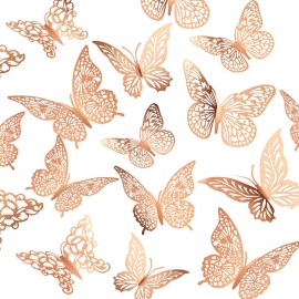 3D Gold Butterfly Wall Decor 3 Sizes 4 Styles Butterfly Party Decorations Cake Decorations Removable Stickers Wall Decor Room Mural Metallic Kids (Rose Gold, 48Pcs)