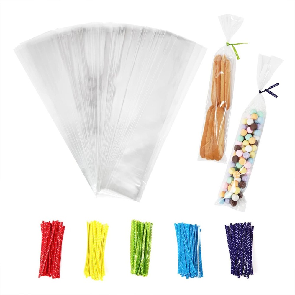 Newkita Clear Goodie Bags, Cake Pop & Candy Bags with 4 Twist Ties, 100 Pack