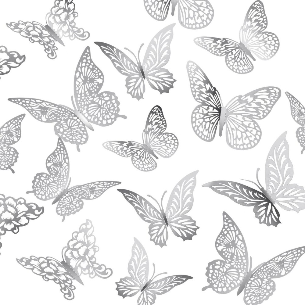 3D Gold Butterfly Wall Decor 3 Sizes 4 Styles Butterfly Party Decorations Cake Decorations Removable Stickers Wall Decor Room Mural Metallic Kids (Silver, 96Pcs)