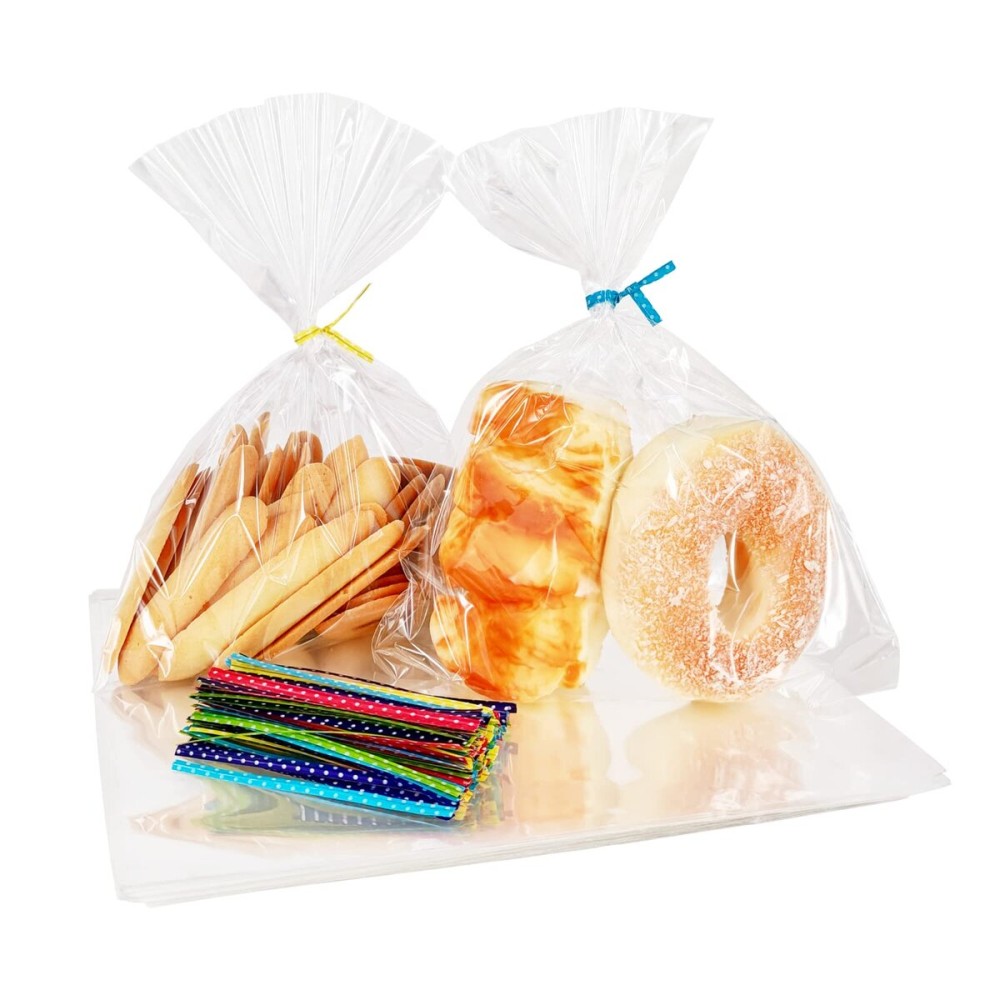 Newkita Clear Goodie Bags - 8x10 Cellophane Treat Bags With 4 Twist Ties, 100 Pack