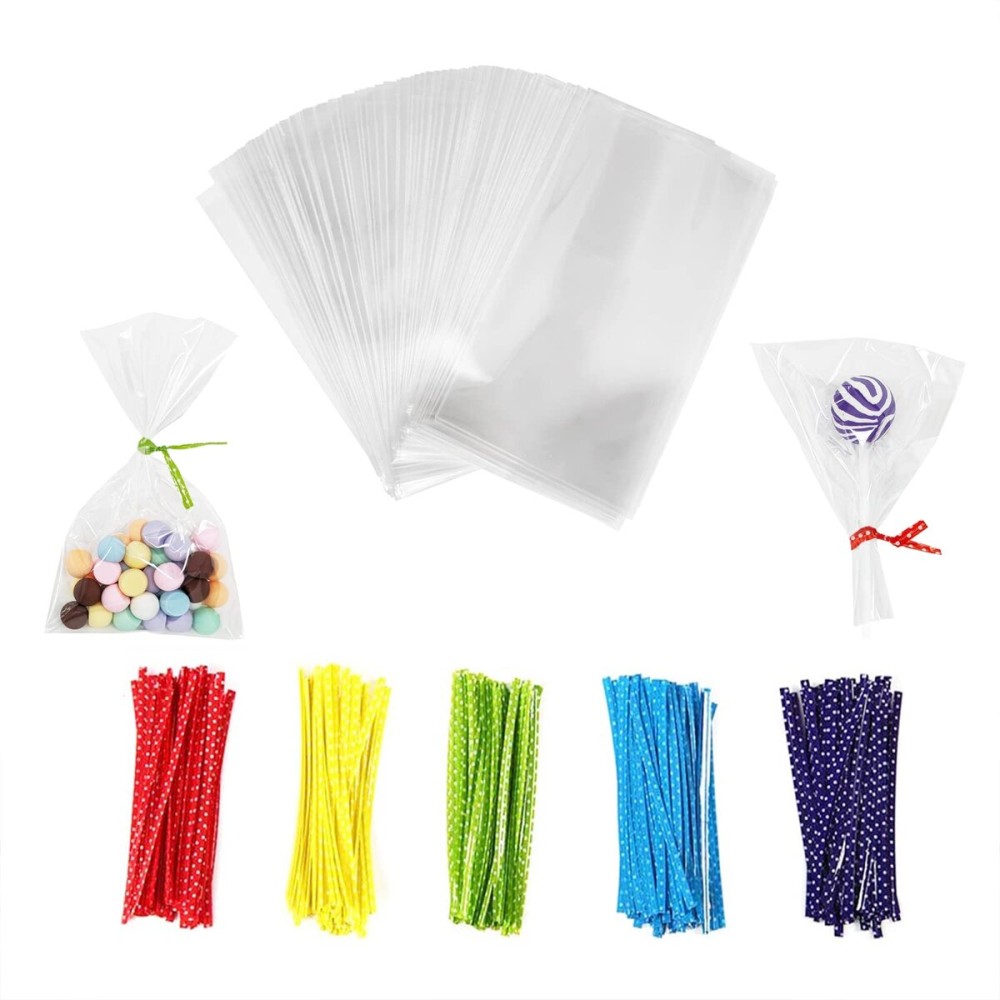 Newkita 3x5in Cellophane Bags - Clear Goodie/Cake Pop/Rice Crispy Treat Bags with 4in Ties - 100 Pack
