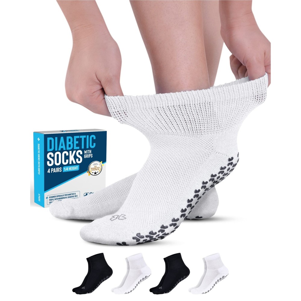 Diabetic Socks with Grips for Women and Men - 4 Pair | Black , White | Neuropathy Socks for Men | Non Slip Socks for Elderly | Diabetic Ankle Socks for Men | Diabetic Socks for Men 9-12