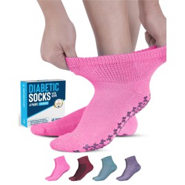Doctor\'s Select Diabetic Socks with Grips - 4 Pair | Pink, Green, Red, Purple | Slipper Socks for Women Size 9-11