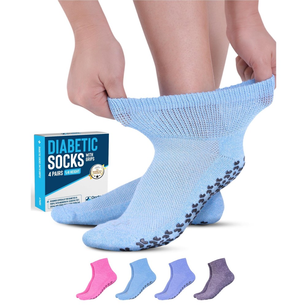 Diabetic Socks with Grips for Women and Men - 4 Pair | Light Blue , Blue, Purple , Pink | Neuropathy Socks for Women | Hospital Socks with Grips for Women | Ankle Diabetic Non Slip Socks for Elderly