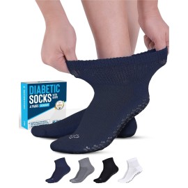 Diabetic Socks with Grips for Women and Men - 4 Pair | Black , White , Navy , Gray| Neuropathy Socks | Non Slip Socks for Elderly | Slipper Socks with Grippers | Diabetic Ankle Socks for Men