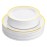 Aya\'s Cutlery Kingdom 100 White and Gold Plastic Plates for Thanksgiving Dinner - Fancy Plate for Party - 50 (10) Dinner and 50 (7.5) Salad Plates - Heavy Duty, Elegant Disposable Tableware Set