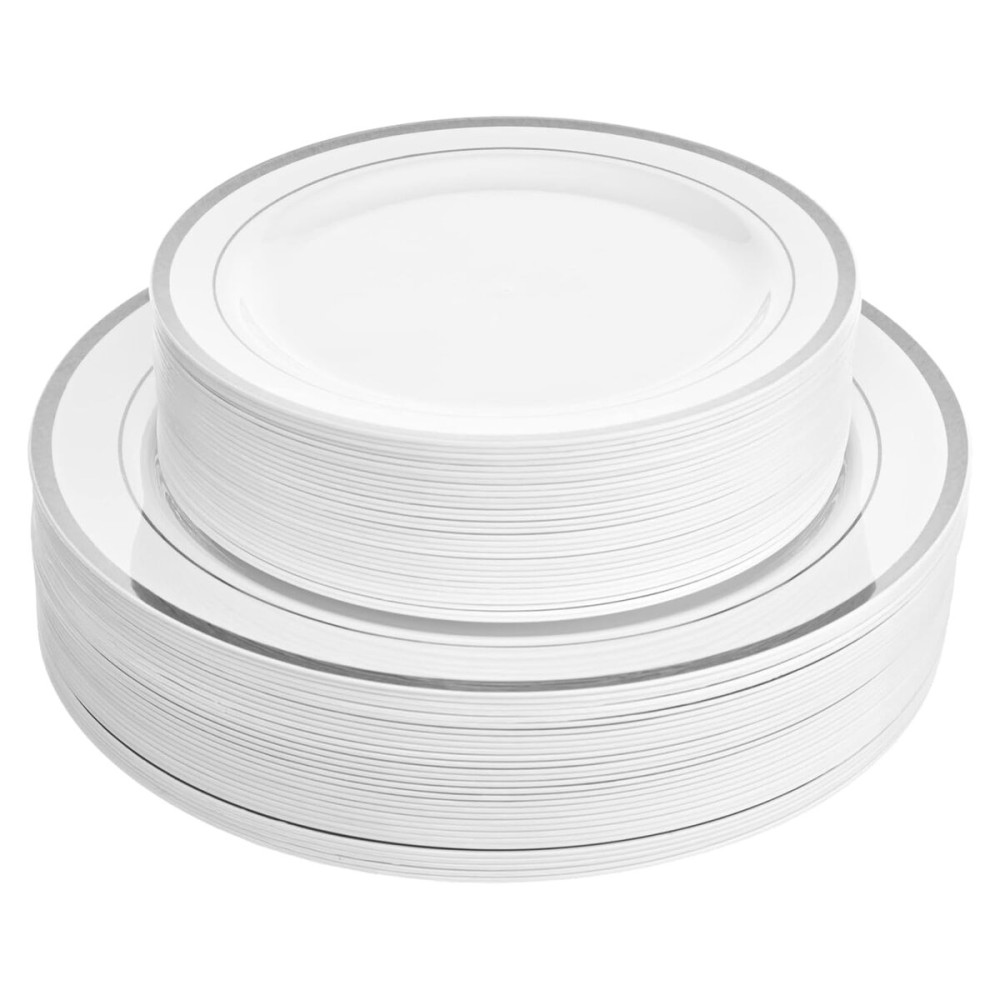 Aya\'s 100 Silver Rimmed Disposable Plates Set, Heavy Duty - 50 Dinner and 50 Dessert Plastic Plates for Party - Elegant White and Silver Design, Durable Tableware for Weddings, Events and Celebrations