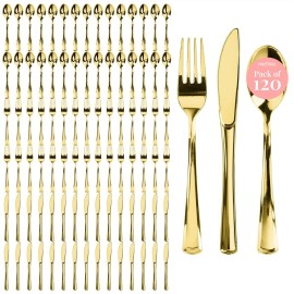 Prestee 120 Cutlery Set - Gold Plastic Silverware Set of 40 Forks, 40 Spoons, 40 Knives - Heavy Duty Plastic Utensils and Disposable Flatware - Elegant Knives Spoons and Forks Set for Events