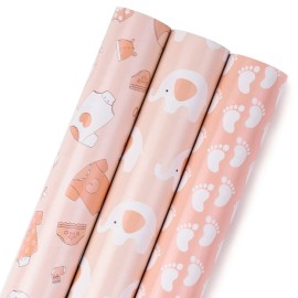 MAYPLUSS Pink Gift Wrapping Paper Roll - 17 X 120 Per Roll - Lovely Girly Little Girl Elephant, Clothing, Footprint Themed Birthday Gift Wrap Present Paper for Baby Shower, New Baby Party