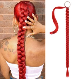 SEIKEA Long Braided Ponytail Extension with Hair Tie Straight Wrap Around Hair Extensions Ponytail Natural Soft Synthetic Hair Piece for Women Daily Wear 34 Inch 180 Gram Red