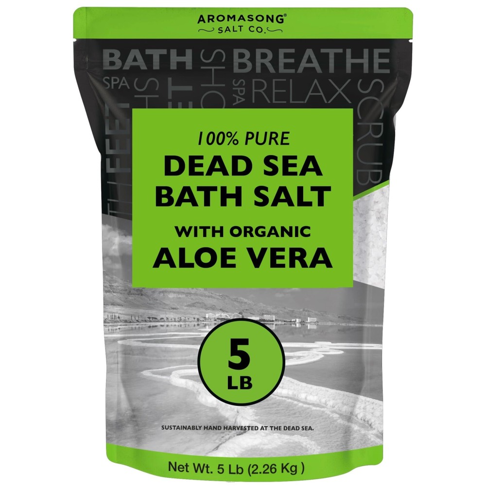 Aromasong Dead Sea Salt with Organic Aloe Vera, Spa Bath Salts, 5 Lbs Fine Bulk resealable Pack, 100% Pure & Natural, Soak for Women & Men for Tired Muscles & Skin Issues (Packaging May Vary)