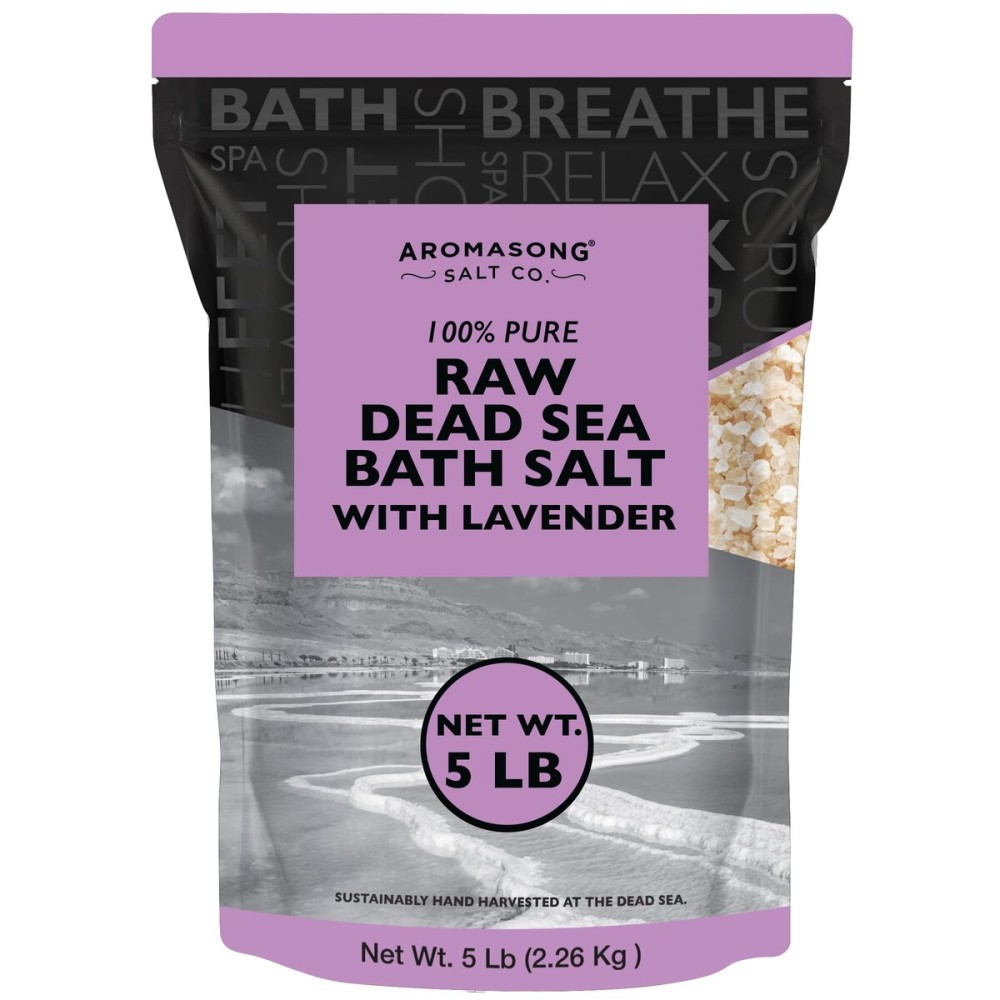 Aromasong Pure Raw Dead Sea Salt for Soaking with 100% Natural Lavender, 5 LB - Spa Bath Salt Fine Grain - Body Wash Scrub - Soak for Women & Men- Bulk Resealable Pack