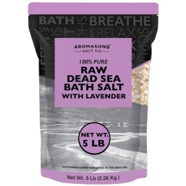 Aromasong Pure Raw Dead Sea Salt for Soaking with 100% Natural Lavender, 5 LB - Spa Bath Salt Fine Grain - Body Wash Scrub - Soak for Women & Men- Bulk Resealable Pack
