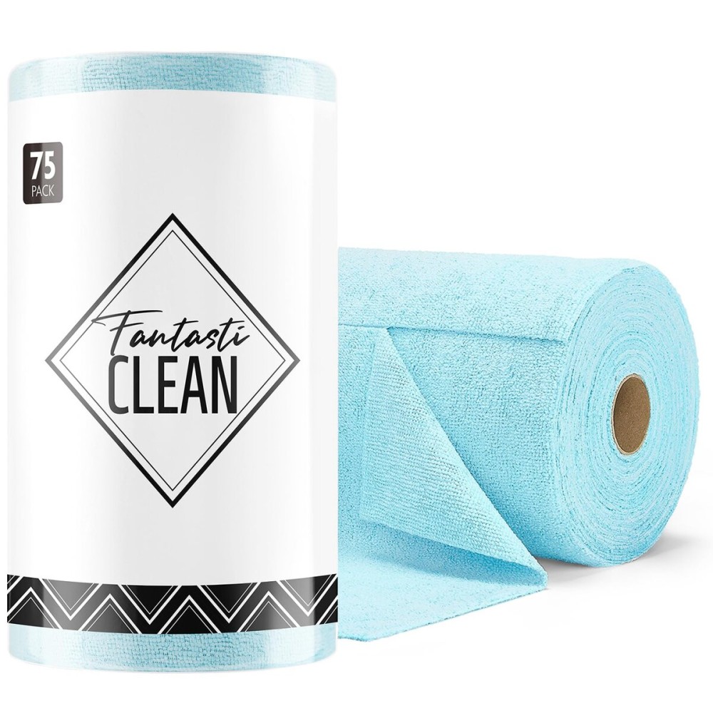 Fantasticlean Microfiber Cleaning Cloth Roll -75 Pack, Tear Away Microfiber Towels, 12 x 12, Reusable, Washable, Scratch Free, Ultra Absorbent Dishcloth for Home Supplies, Car, Pet, Kitchen (Blue)