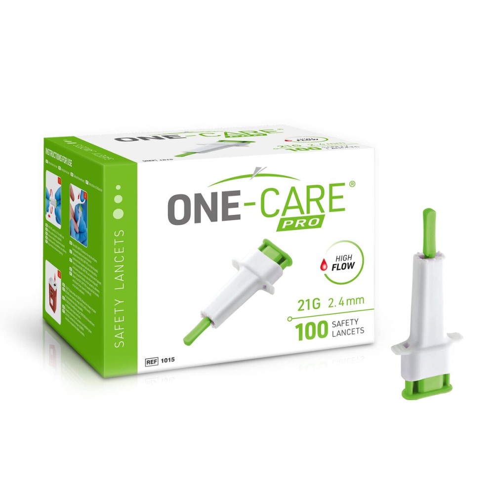 ONE-CARE PRO Safety Lancets, Top Push Button Activated, 21G x 2.4mm, 100/bx, Sterile, Convenient Sampling