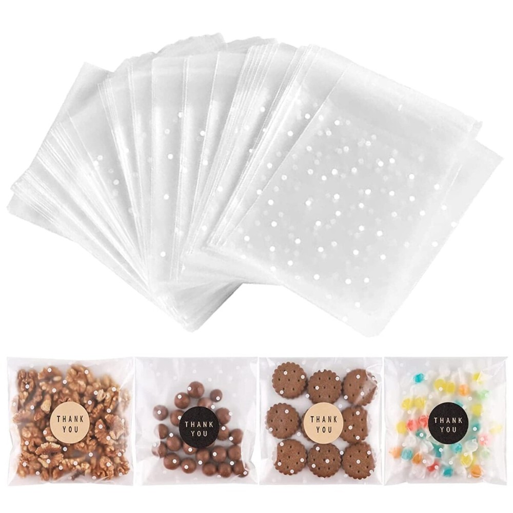 NPLUX 100 PACK Self Adhesive Cookie Bags Cellophane Treat Bags Thank You for Gift Giving Candy with Stickers(White Polka Dot, 5.5x5.5 INCH)