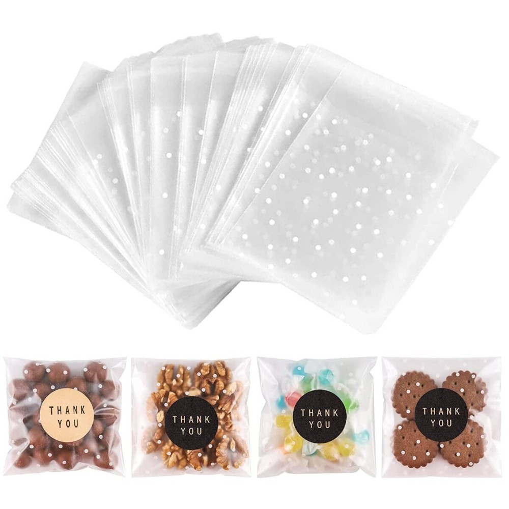 NPLUX 100PACK Self Sealing Cellophane Bags Clear Cookie Treat Bags Thank You for Gift Giving Candy with Stickers(White Polka Dot, 4x4 INCH)