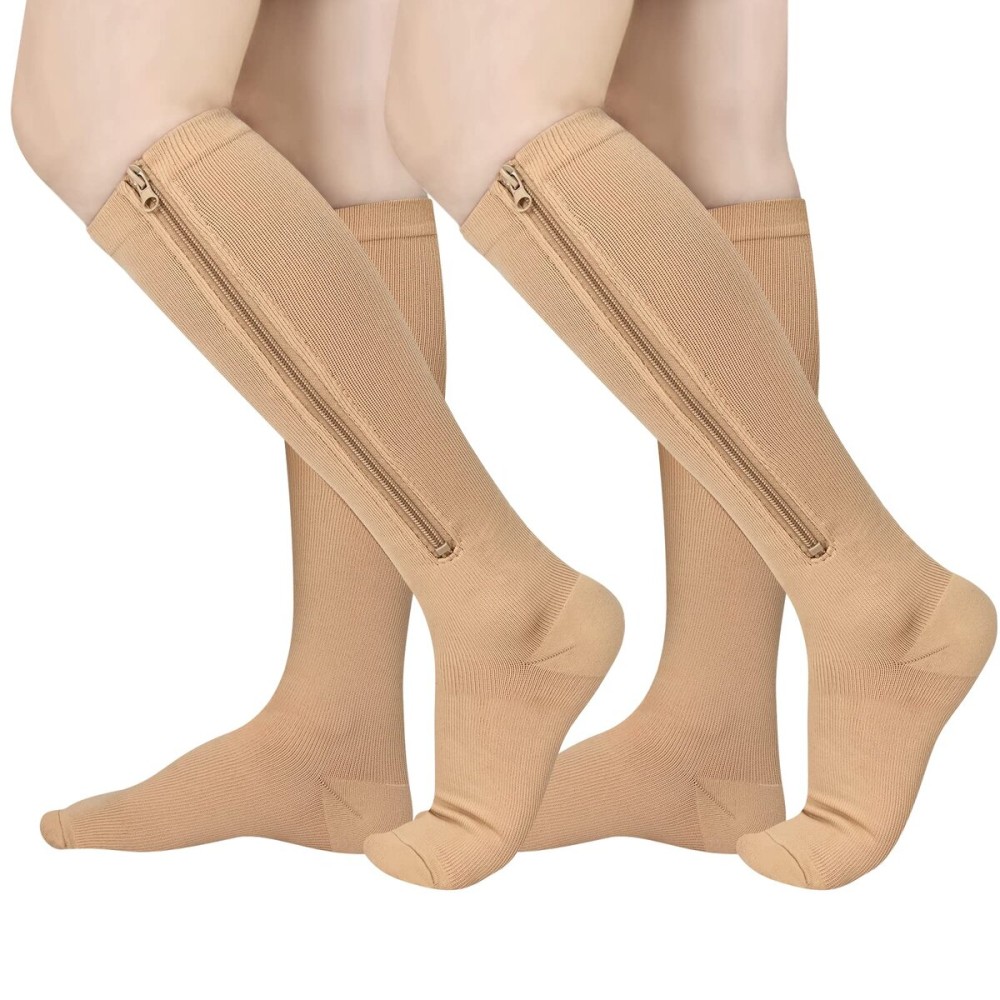 Athbavib 2 Pairs Zipper Compression Socks, 15-20 mmHg Closed Toe Compression Stocking with Zipper for Women and Men