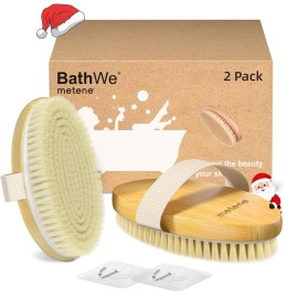 Metene 2 Pack Dry Body Brushes, Exfoliating Body Scrubbers, Natural Bristles for Dry Skin, Improve Circulation, Stop Ingrown Hairs, Reduce Acne and Cellulite (G7130)