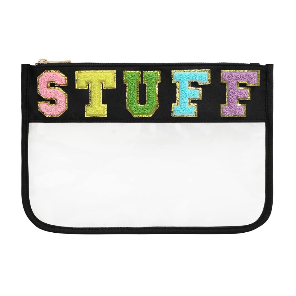 DYSHAYEN Chenille Letter Clear Zipper Pouch for Travel,Nylon Clear Cosmetic Bag,Makeup Travel Bag for Women Girls 11.8 Inches x 8.2 Inches (Black-Stuff)
