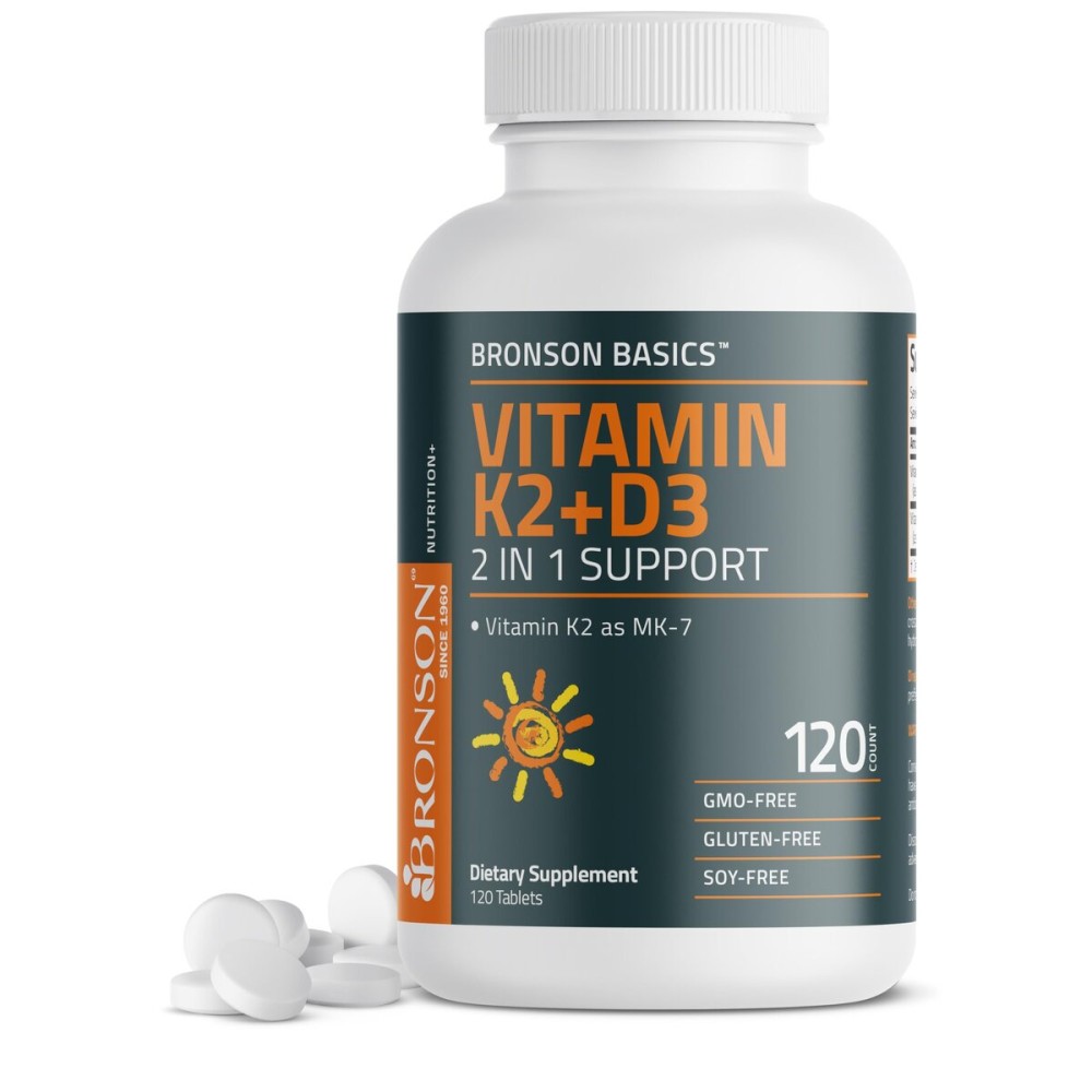 Bronson Vitamin K2 D3 (MK7) Supplement Non-GMO Formula Vitamin D3 5000IU (125 mcg) & 90 mcg K2 MK-7, Easy to Swallow D & K Complex, 120 Tablets